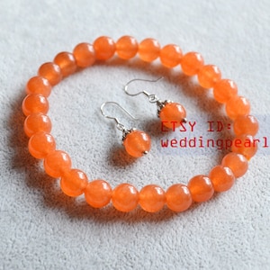 orange jade bracelet and earrings set,8mm orange bead bracelet earrings set,bridemaid jewelry set, pink jade earring set, kids jewelry