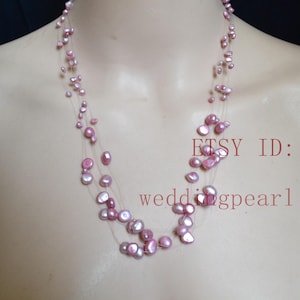 purple pink Pearl Necklace, 21 inch 5 strands Floating Necklace, Illusion Necklace, Multistrand Necklace, Real Pearl Necklace