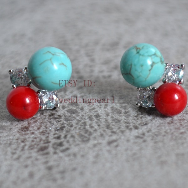 turquoise and coral earrings,blue and red earrings stud,mixed color earrings,double beads earrings,wedding earrings,sterling silver earrings