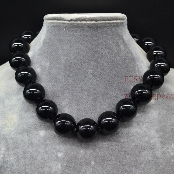 Grand collier en onyx noir, collier de perles noires de 18 mm, collier ras de cou en agate, collier pour homme, collier lourd, collier en pierre véritable, déclaration