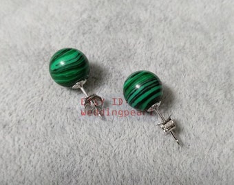 10mm synthetic malachite green beads earrings, Green Beaded stud earrings, Green earrings