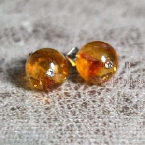 Natural citrine Stud Earrings, 10mm bead with rhinestone earrings, yellow stud earrings, big citrine earrings stud