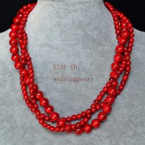 red turquoise necklaces, red beaded with black lines necklace,triple strands 6-8mm red bead necklace,statement necklace, synthetic turquoise