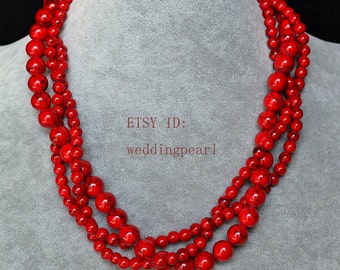man-made red turquoise necklaces,red turquoise necklace,triple strands 6-8mm red bead necklace,statement necklace,red necklace