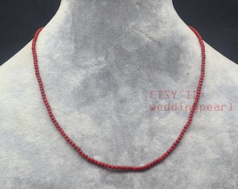 2mm 3mm small red coral necklace, tiny single strand dyed red coral beaded necklace, man-made coral necklace, tiny round coral beads