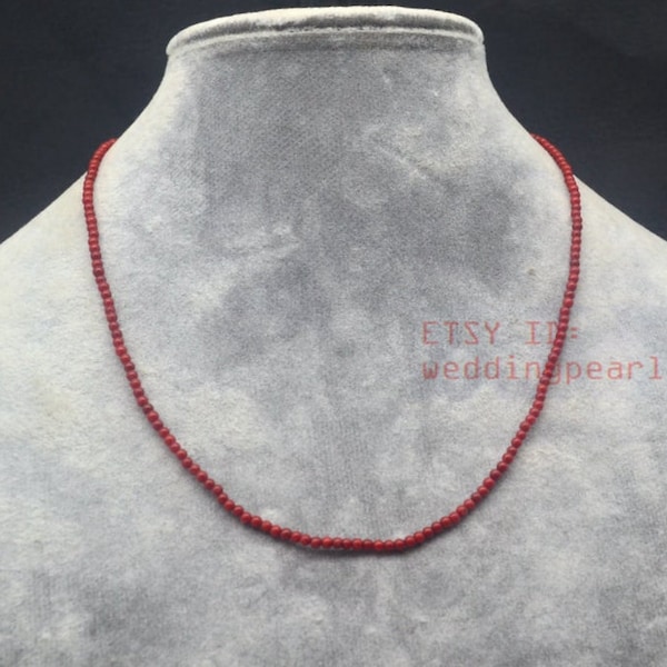 2mm 3mm small red coral necklace, tiny single strand dyed red coral beaded necklace, man-made coral necklace, tiny round coral beads