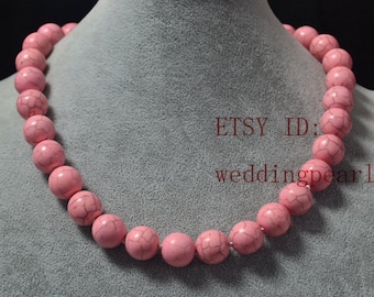 14mm pale pink turquoise necklace,man-made turquoise bead,wedding bridesmaid jewelry,statement necklace,large pale pink bead necklace