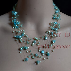 light Blue Floating Necklace, 16-22 inchs blue pearl necklace, Illusion Necklace, real pearl necklaces, wedding necklace, statement Necklace