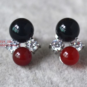 red and black earrings, mixed color earrings, double agate bead earrings, wedding earrings, bridesmaid earrings, sterling silver earrings