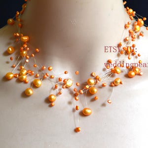 Orange Pearl Floating Necklace, Illusion Necklace, multi-strand pearl Necklace, genuine pearl Necklace, freshwater pearl Necklace