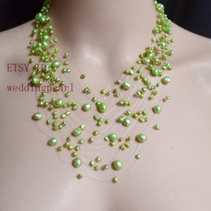 Green Baroque Pearl Floating Illusion Necklace, Light Green Beaded Necklace. Multi-strand Green Pearl Beads Necklace,Statement Necklace