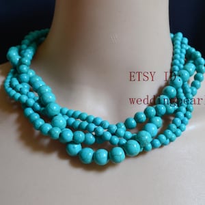 four strand turquoise bead necklace,multi-strand synthetic turquosie necklace,wedding necklace,statement necklace,twisted turquoise necklace