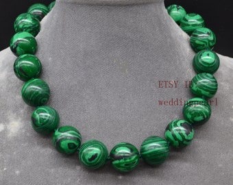 very big malachite necklace, 20 mm malachite bead necklace, large green necklace, fake bead necklace, hand knotted, statement necklace