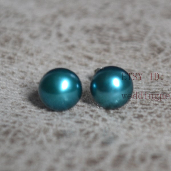Teal Pearl earrings stud, 8-8.3mm Freshwater Pearl Earrings, Teal beads earrings, wedding earrings, Teal beaded pearl earrings