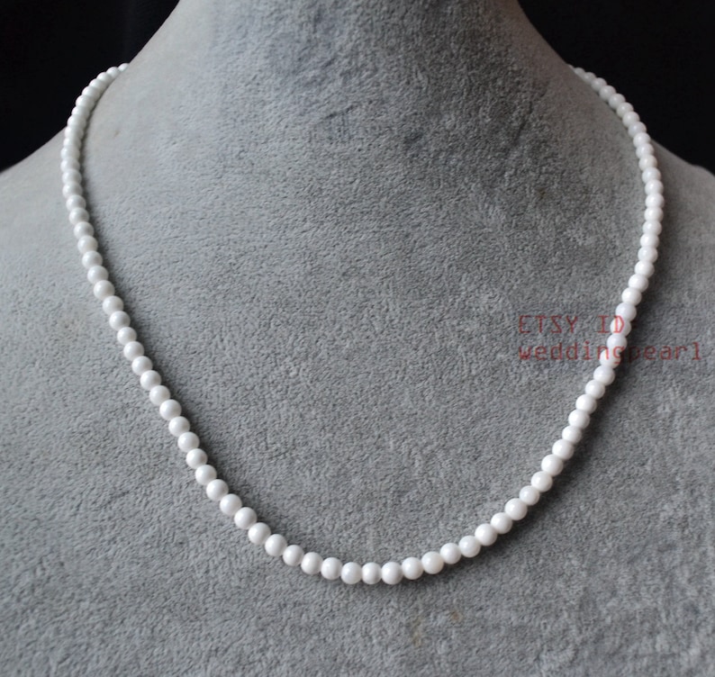 single strand 4 mm white shell necklace, mother of pearl necklace,statement necklace,small white bead necklaces, flower girl necklace image 1