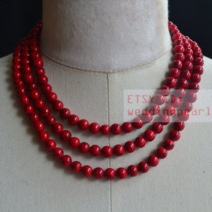 colar turquesa vermelha, colar vermelho de fios triplos, colar de contas artificiais, colar extravagante, colar de cor vermelha, colar de dama de honra