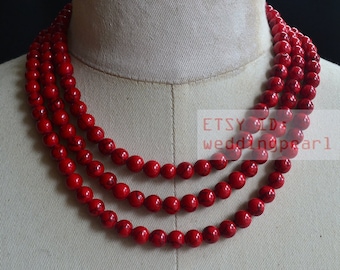 Collar de turquesa roja, collar de tres hebras de cuentas de turquesa sintética roja, collar de piedra, collar de turquesa, collar de dama de honor, boda