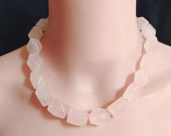 Natural Rose Quartz Necklace, Light Pink Beaded Statement Jewelry