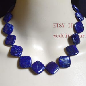Big Lapis Lazuli Necklace, 20mm Square Blue Beads Necklace, Navy Blue Stone Necklace, Natural Lapis Lazuli Beaded, Statement Necklace