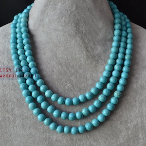 triple strand turquoise necklace,8mm turquoise bead necklace,wedding necklace,statement necklace,fake turquoise necklaces,women necklace