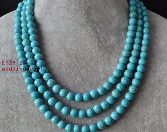 triple strand turquoise necklace,8mm turquoise bead necklace,wedding necklace,statement necklace,fake turquoise necklaces,women necklace
