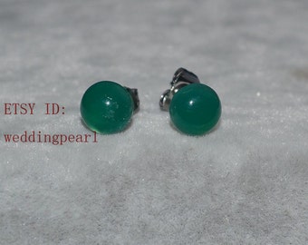 green jade earrings, 6mm green stone earrings, tiny green earrings, birthday lucky stone, Cabochon Gemstone post studs,small green jade stud