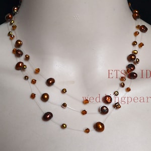brown Pearl Necklace, 3 strands, 6 strands, 9 strands,Floating brown Necklace, Illusion Necklace,Multistrand Necklace, Real Pearl Necklace