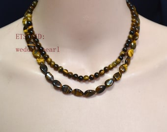 Double Strands Tiger's Eye Stone Necklace, Yellow Brown beaded necklace, two Rows Tiger eye Beads Necklace, statement necklace