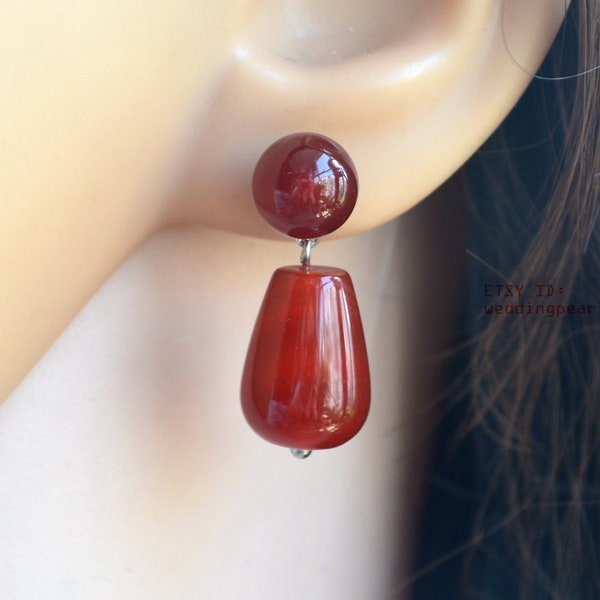 drop dark red agate earrings, dark red beaded earrings, real stone earrings, girl earrings, women earrings, stud with dangling earring