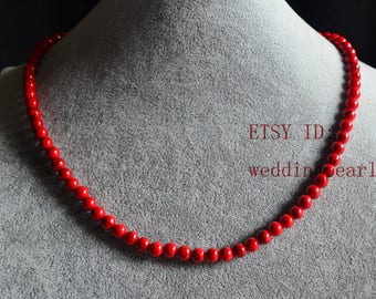 single strand 6 mm red turquoise necklace, red bead necklace, statement necklace,man-made turquoise bead necklaces, flower girl necklace