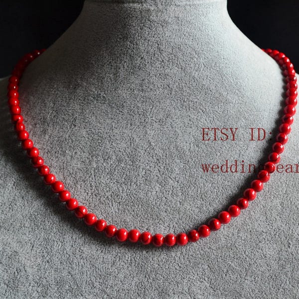 single strand 6 mm red turquoise necklace, red bead necklace, statement necklace,man-made turquoise bead necklaces, flower girl necklace