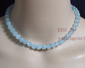 Real Aquamarine Necklace, 15 inch 8mm single strand light blue beaded necklace