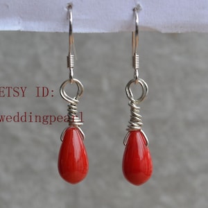 Red Coral Dangle Earrings, 6x11mm Coral And Wire Earrings, Dangle Red Earrings,Red Drop Earring, real coral earring, bridesmaid earings