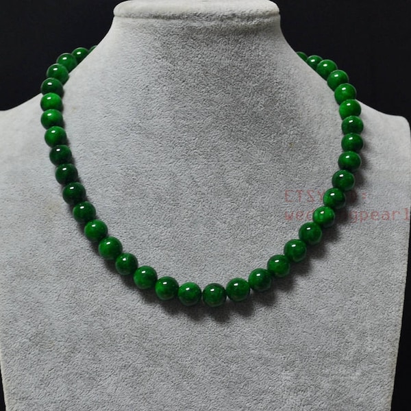 Collier de jade vert foncé de 10 mm, collier de perles vert foncé monobrin, collier tendance, collier pour femme, collier en pierre de couleur teinte