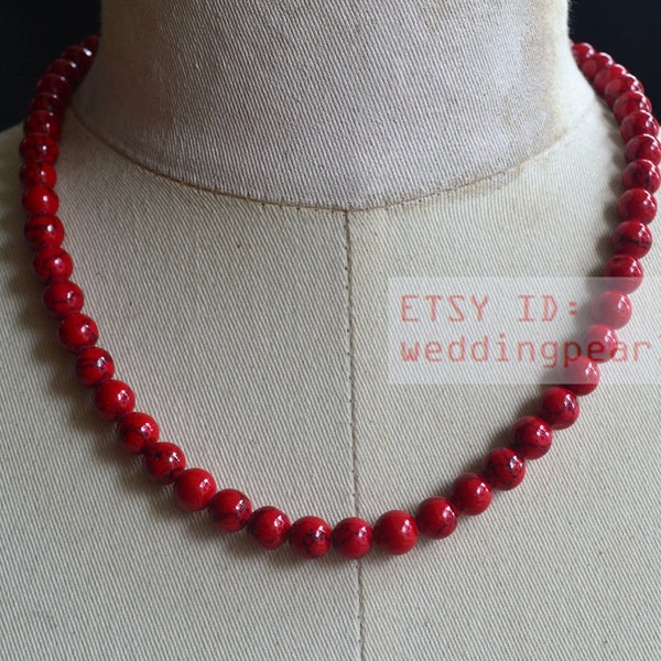 8mm red turquoise necklace,sing strand turquoise bead necklace,man-made turquoise necklace,statement necklace,red bead necklace