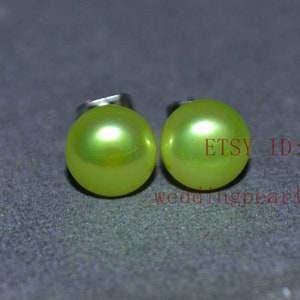 lime green pearl earrings - 8mm Freshwater Pearl Earrings,Real Pearl earrings stud, green beaded earrings, bridesmaid earrings