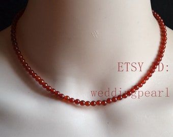 Dark Red Agate Beaded Necklace, 4mm Gemstone Jewelry