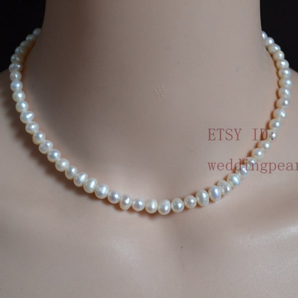 real pearl necklace, ivory pearl necklace, single strand 6x7mm freshwater pearl necklace, bridesmaid necklace, cheap pearl necklace