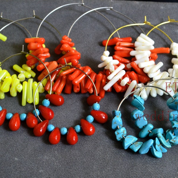 Turquoise and Coral Creole Earrings, Gold creole loops earrings, real coral earrings, red coral Earrings, yellow coral, natural white coral