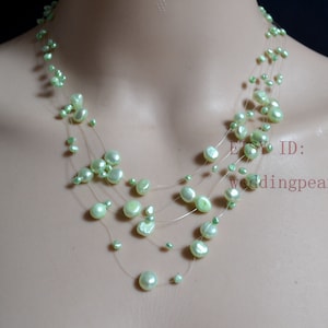 Minte Green Pearl Necklace, 5 strands,10 strands Floating Necklace, Illusion Necklace, Multistrand Necklace, Real Pearl Necklace