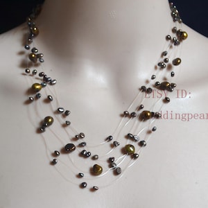Brown pearl Illusion Necklace, Real Pearl Floating Necklace, 7 strands 18-20 inch Multistrand Necklace