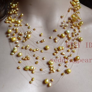 light champange Floating Necklace, champange pearl necklace, Illusion Necklace, Multi strand real pearl necklace, statement Necklace