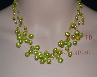 lime green pearl Floating Necklace,Illusion Necklace,multi-strand necklace, Freshwater Pearl Necklace,women necklace,statement necklae