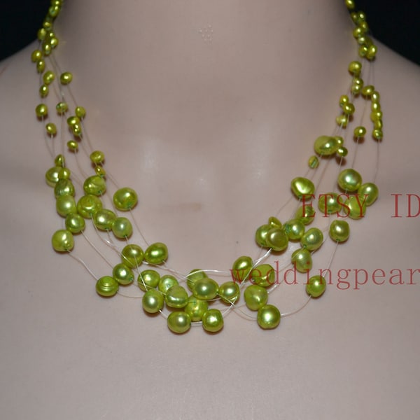 lime green pearl Floating Necklace,Illusion Necklace,multi-strand necklace, Freshwater Pearl Necklace,women necklace,statement necklae