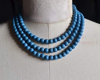 blue turqoise necklace,triple strands man-made bead necklace,blue necklace, statement necklace, wedding bridesmaid necklace