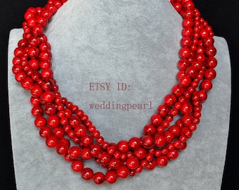 multi-strand red turquosie necklace,five strand turquoise red bead necklace,wedding jewelry,statement necklace,twisted turquoise necklaces