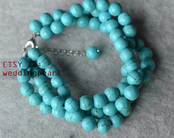 turquoise bracelet,triple strand 8 inch 8mm turquoise bead bracelet,wedding bracelet,statement bracelet,twisted turquoise bracelet