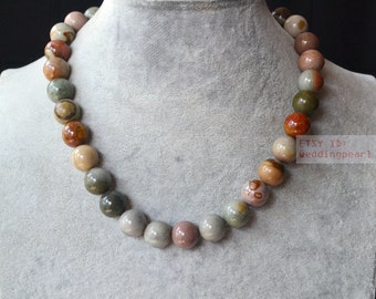 natural agate necklace, 12-13mm multicolor agate necklace, real stone beaded necklace, statement necklace, natural stone necklace