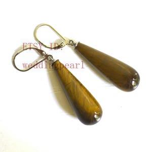 Natural Tiger Eye Stone Drop Earrings, Long Brown Bead