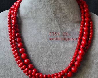 red turquoise necklace,triple strand 6-8mm red bead necklace,statement necklace,man-made red turquoise necklaces